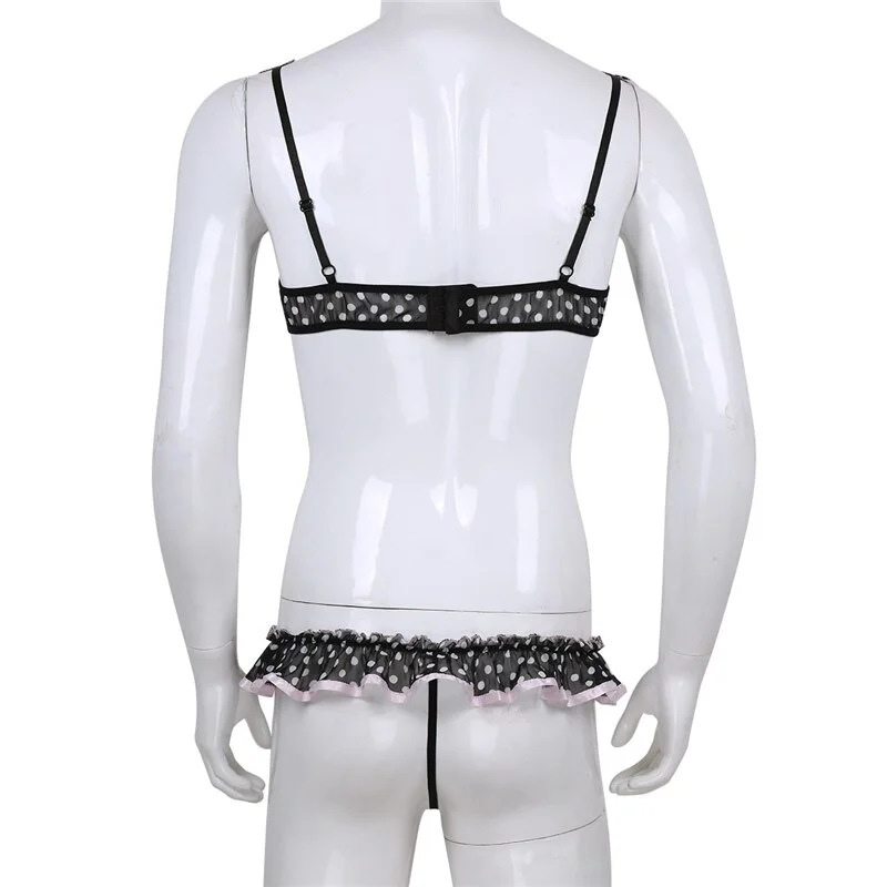 Men Ruffled Polka Dot Bra and Panties All Products - Underwear & Thongs For Men