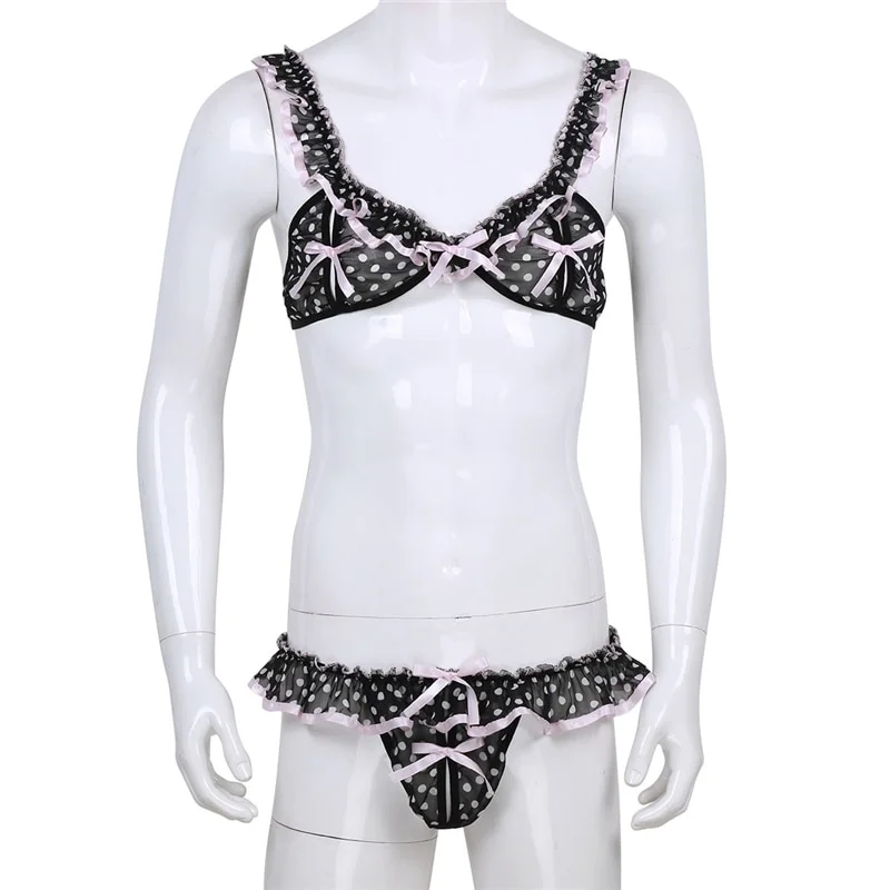 Men Ruffled Polka Dot Bra and Panties All Products - Underwear & Thongs For Men